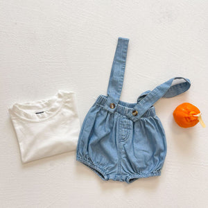 Baby Girl Solid Color Denim Fabric Strap Sling Shorts Rompers In Summer