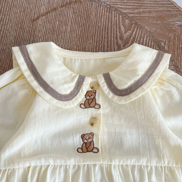 Baby Bear Embroidered Pattern Sailor Collar Long Onesie