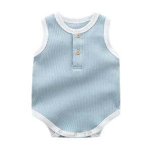 Baby Boy Solid Color Neck Buttoned Design Sleeveless Round Collar Onesies