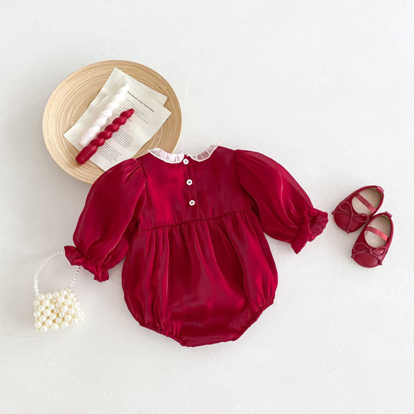 Autumn New Arrival Baby Girls Long Sleeves Square Ruffle Neck Double Butterfly-bows Attached Red Onesies