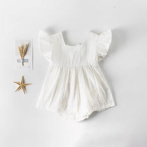 Baby Girl Belted Bow Tie Design Mesh Square Neck Solid White Onesies Dress