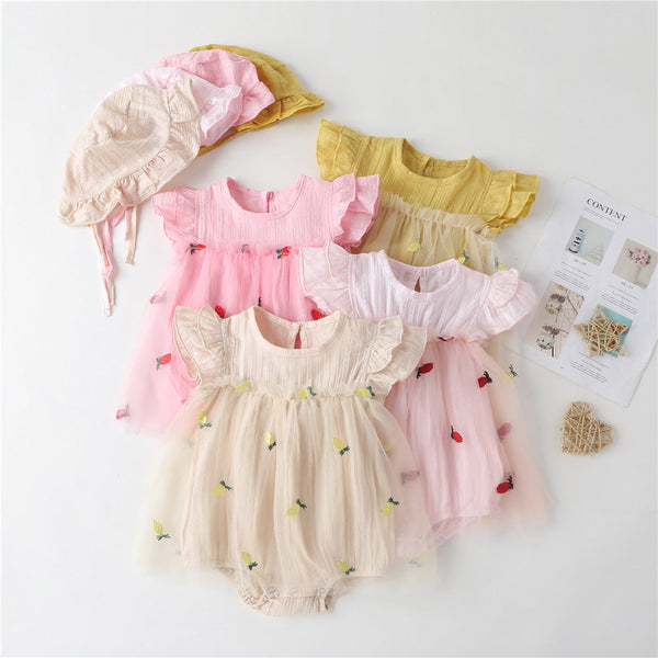 Baby Girl 1pcs Solid Color Pineapple Embroidered Mesh Overlay Flounce Sleeves Onesies Dress