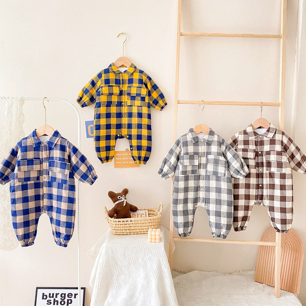 Baby Boy Plaid Pattern Snap Button Front Long-sleeved Thick Rompers