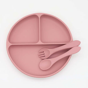 Baby Silicone Round Sucker Compartment Dinner Plate With Spoon Fork Sets