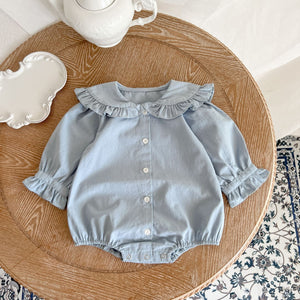 Baby Girl Solid Color Lace Doll Neck Long Sleeve Bodysuit