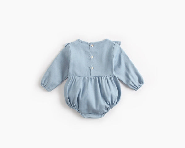 Baby Girl Solid Color Ruffle Design Denim Long Sleeved Bodysuit Onesies