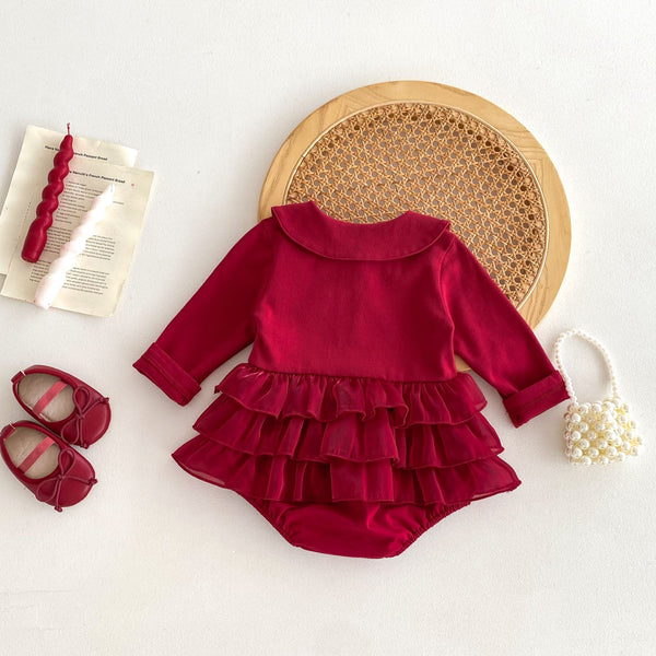 Autumn New Arrival Baby Girls Long Sleeves Ruffle Solid Color Peter Pan Collar Onesies Dress