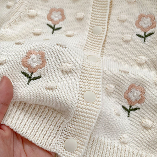 Autumn New Arrival Baby Kids Girls Comfortable Flowers Embroiedery and Dots Jacquard Pattern Knitted Long Sleeves Cardigan