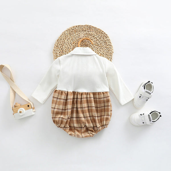 Baby Plaid Pattern False 1 Pieces Design Bow Tie Decoration Bodysuit