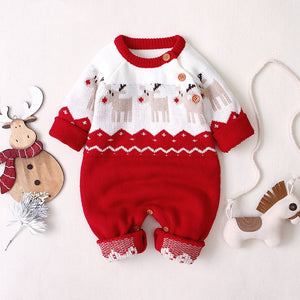 Baby Christmas Giraffe Pattern Shoulder Button Design Sweater Rompers