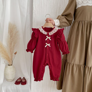 Autumn New Arrival Baby Girls Long Sleeves Single Breasted Red Romper Bodysuits