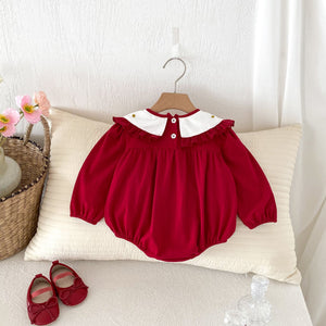 Autumn New Arrival Baby Girls Long Sleeves Rabbit Embroidery Collar Red Onesies