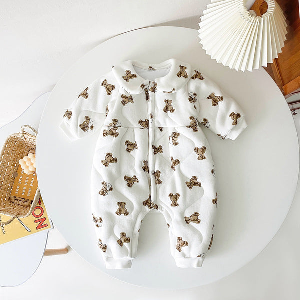 Baby Cartoon Bear Print Pattern Thickened Quilted Winter Rompers