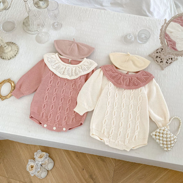 Autumn New Arrival Baby Girls Knitted Long Sleeves Jacquard Pattern Ruffle Collar Onesies