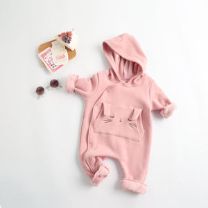 Baby Cartoon Embroidered Pattern Side Snap Button Fleece Rompers With Hat