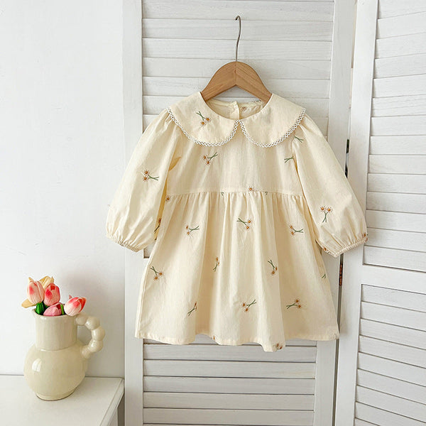 Arrival Autumn Baby Kids Girls Long Sleeves Daisy Floral Embroidery Pattern French Collar Onesies and Dress – Princess Sister Matching Set