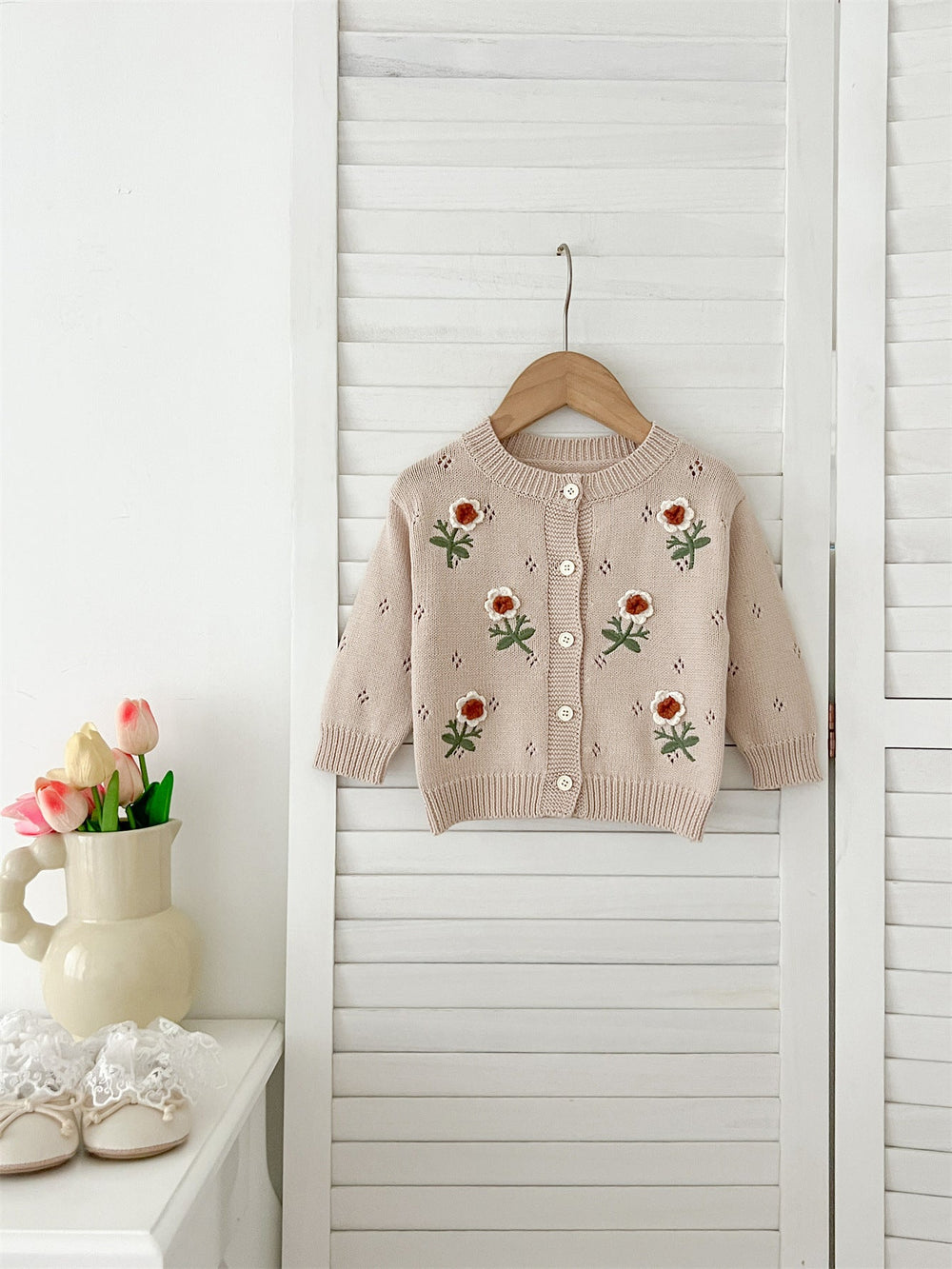 Autumn New Arrival Baby Kids Girls Comfortable Flowers Embroiedery Pattern Knitted Long Sleeves Cardigan