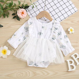 Baby Girl 1pcs Allover Grass Embroidered Graphic Mesh Overlay Dress Longsleeve Onesies