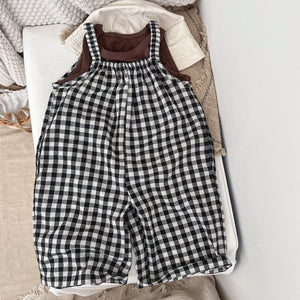 Baby Girl Plaid Pattern Sleeveless Strap Rompers In Spring