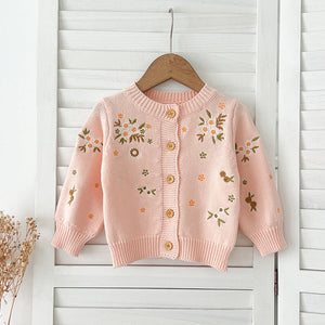 Autumn New Arrival Baby Kids Girls Comfortable Flowers Embroiedery Pattern Knitted Long Sleeves Cardigan