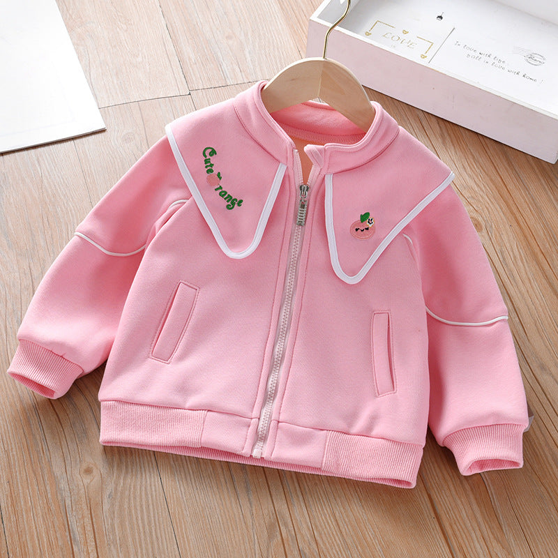 Baby Girl Embroidered Lapel Design Solid Color Quality Coat