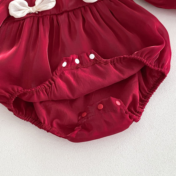 Autumn New Arrival Baby Girls Long Sleeves Square Ruffle Neck Double Butterfly-bows Attached Red Onesies