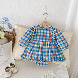 Autumn New Arrival Baby Girls Long Sleeves Floral Plaid Ruffle Neck Onesies Dress