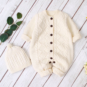 Baby Baby Cable Knitted Pattern Button Front Design Long Sleeve Warm Rompers & Hat