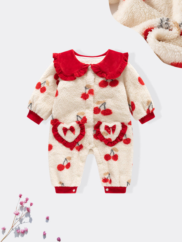 Autumn and Winter New Arrival Baby Girls Cherry Pattern Polar Fleece Rompers