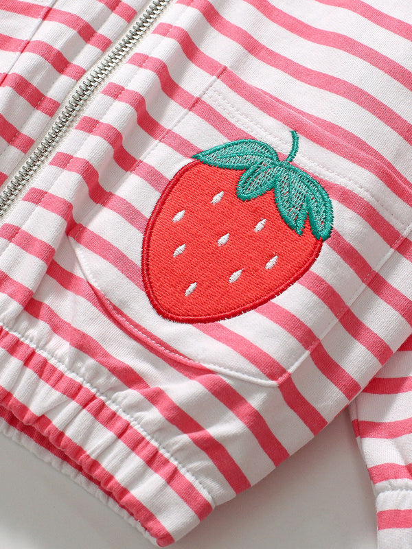 Arrival Baby Kids Girls Strawberry Cartoon And Striped Pattern Zipper Hoodie