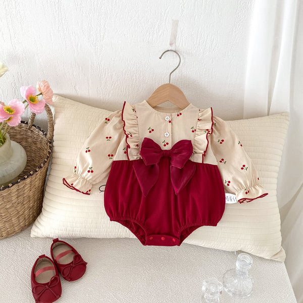 Autumn New Arrival Baby Girls Long Sleeves Cherry Print Princess Butterfly-Bows Attached Onesies