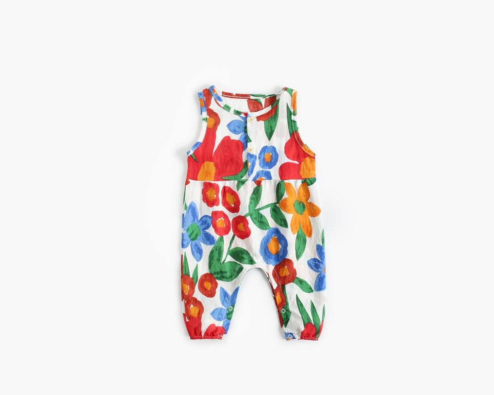 Baby Girl Floral Print Pattern Buttoned Design Sleeveless Rompers