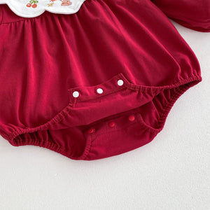 Autumn New Arrival Baby Girls Long Sleeves Rabbit and Cherry Embroidery Collar Red Onesies