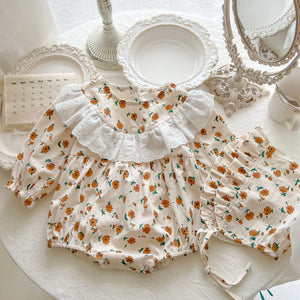 Baby Girl Ditsy Flower Pattern Lace Decoration Long Sleeves Bodysuit