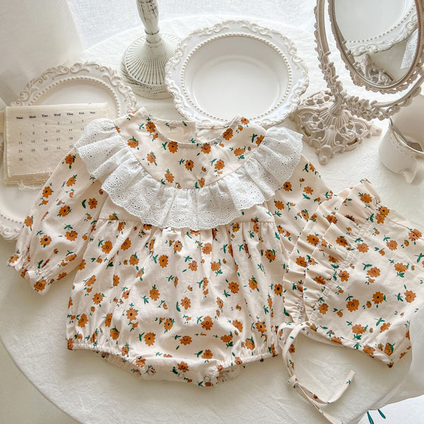 Baby Girl Ditsy Flower Pattern Lace Decoration Long Sleeves Bodysuit