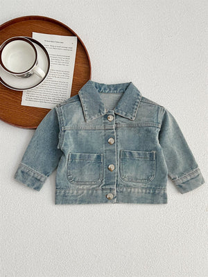 Baby Kids Button Front Design Washed Style Turndown Collar Denim Jacket Coat