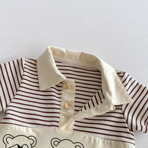 Summer New Design Short Sleeves Striped Turn-Down Collar Teddy Pattern Baby Rompers