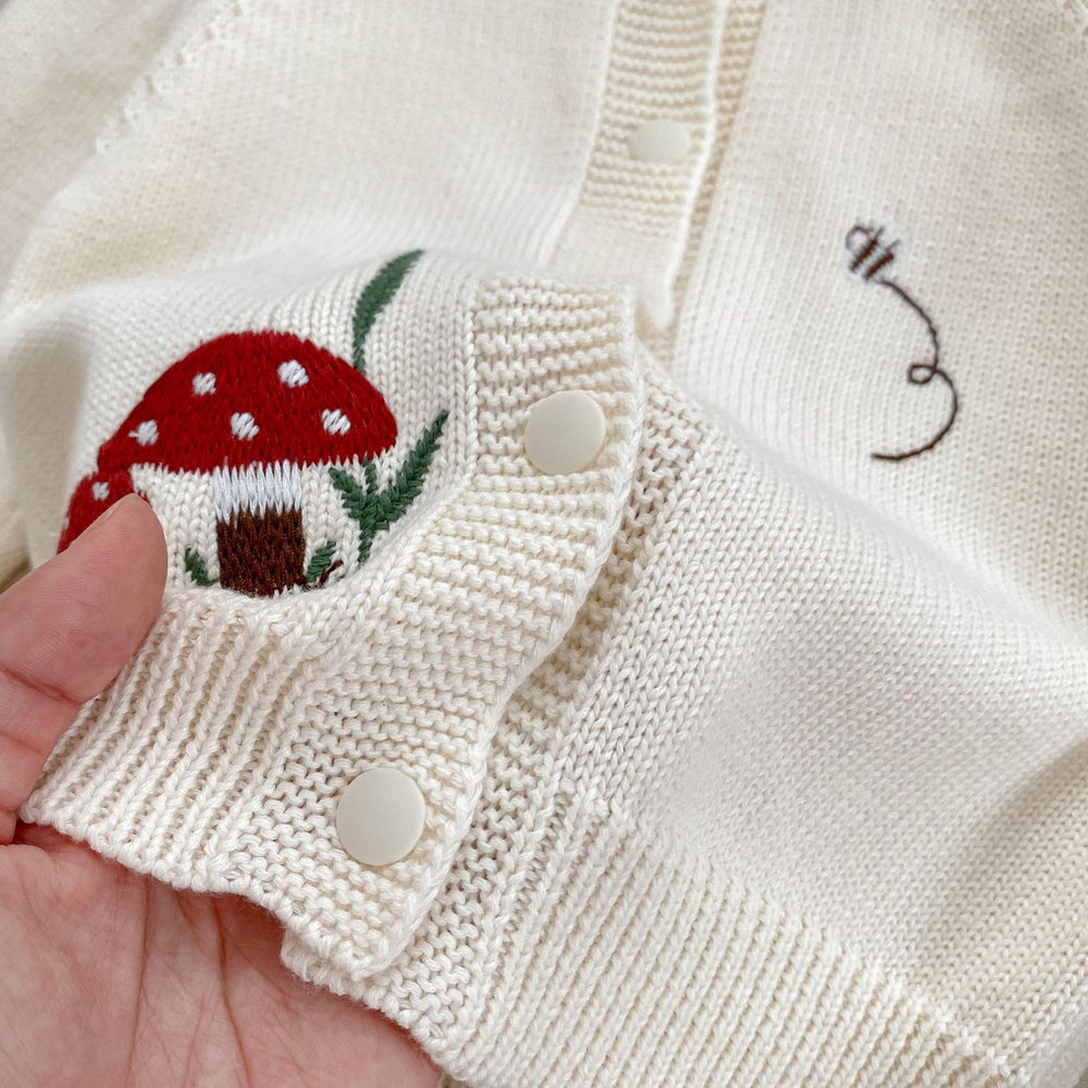 Autumn New Arrival Baby Kids Unisex Comfortable Mushrooms Embroiedery Pattern Knitted Long Sleeves Cardigan