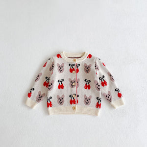 Baby Girl 1pcs Allover Cartoon Bear & Cherry Embroidered Graphic Bodysuit & Cardigan Knitted Sets