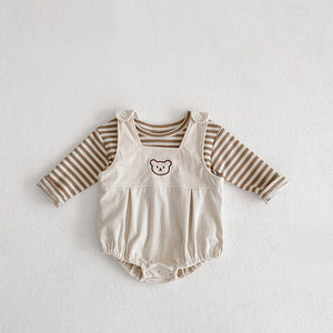 Baby Striped Shirt Combo Corduroy Fabric Cartoon Bear Embroidered Vest Bodysuit 2 Pieces Sets