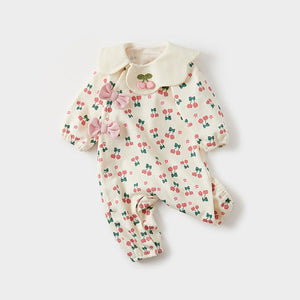 Autumn Baby Girl Cherry Pattern Flower Neck Rompers