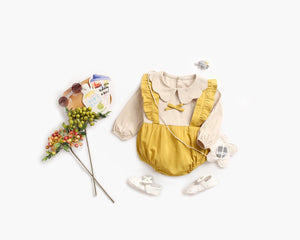 Baby Girl False 1 Pieces Design Petal Collar Design Bow Patched Bodysuit Onesies