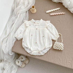 Autumn New Arrival Baby Girls Long Sleeves Tiny Flowers Embroidered Stand Collar Onesies