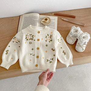 Autumn New Arrival Baby Kids Girls Comfortable Flowers Embroiedery Pattern Knitted Long Sleeves Cardigan