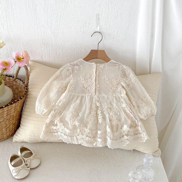 Autumn New Arrival Baby Girls Long Sleeves Floral Embroidery Tulle Onesies Dress with Ruffle Design