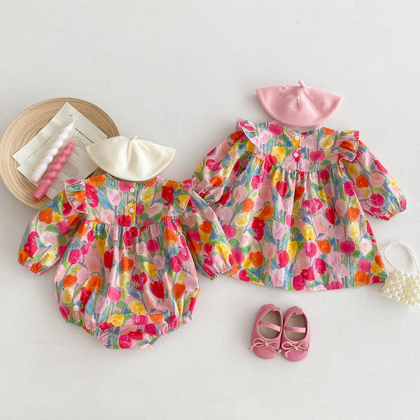 Autumn New Arrival Baby Girls Long Sleeves Vivid Floral Print Colorful Onesies and Dress