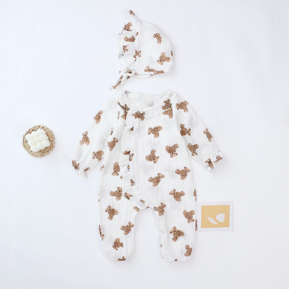 Baby Girls Bear Print Pattern Lace Design Round Collar Long-Sleeved Rompers With Hat