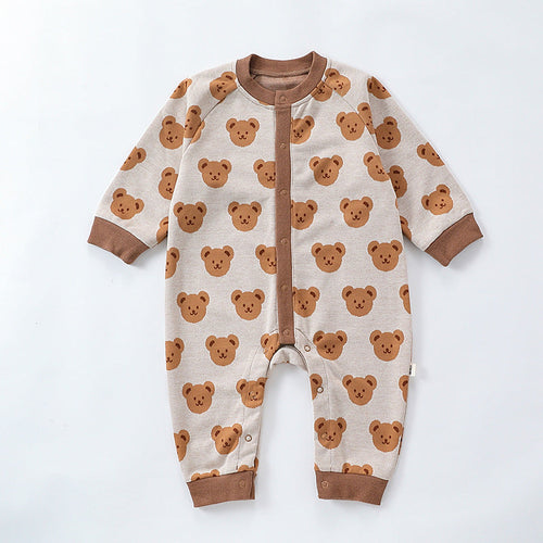 Autumn and Spring New Arrival Baby Unisex Teddy Bear Pattern Long Sleeves Crew Neck Rompers