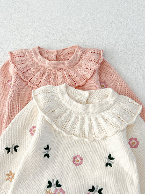 Autumn New Arrival Baby Girls Flowers and Butterfly Embroidery Pattern Long Sleeves Onesies with Collar