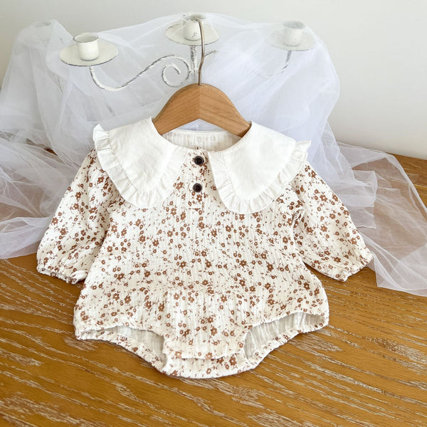 Baby Girl Floral Pattern Ruffle Lapel Design Bodysuit